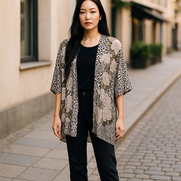 Leopard Print Floral Kimono Cardigan Cover Up Open Front Boho Beach Wrap Medium - Picture 1 of 6